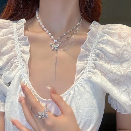 バタフライパールネックレス リングセット