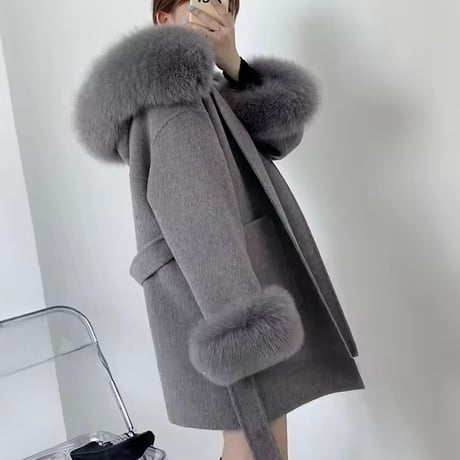 【yuno様着用】【袖ファー】フォックスファーウールコート 3色展開