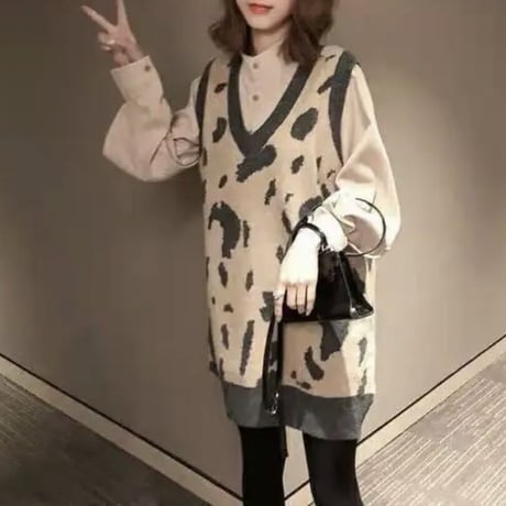 レオパードニットワンピース ブラウスセット 2色展開