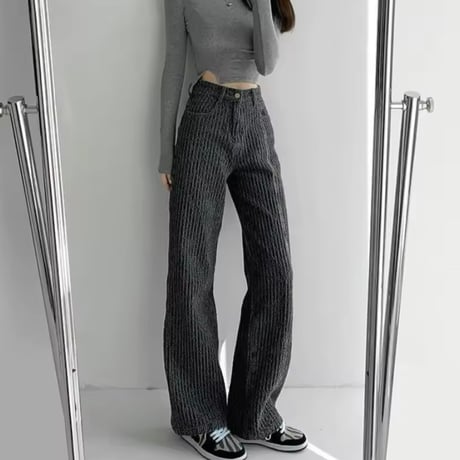 ワッフルハイウエストデニムパンツ 2色展開