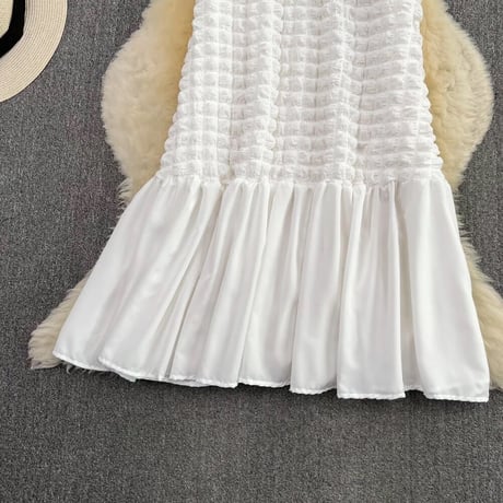 ワッフル ヘムシフォンノースリーブワンピース 2色展開