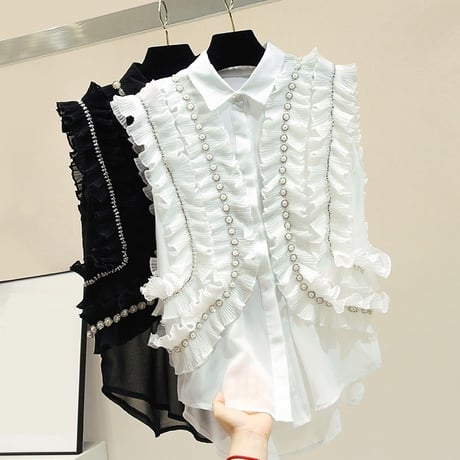パールパッチワーク フリルノースリーブブラウス 2色展開