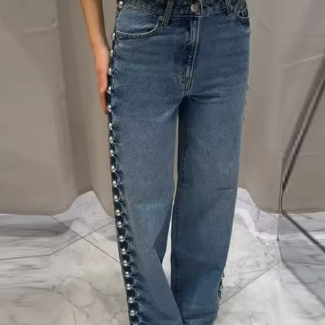 サイドリベットハイウエストデニムパンツ 2色展開