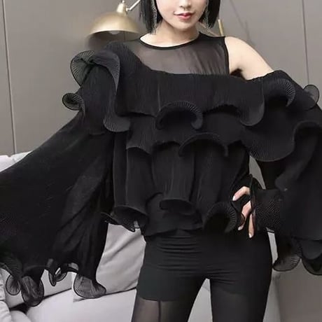 【Black即納】シフォン プリーツボリュームフリルブラウス 2色展開