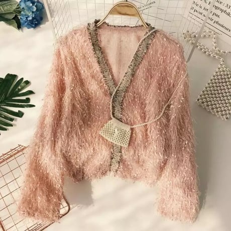 ツイードライン モヘアフリンジカーディガン 3色展開
