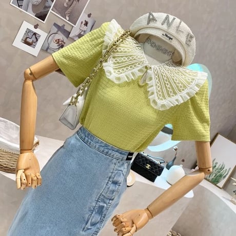 レースカラー ハーフスリーブトップス 3色展開