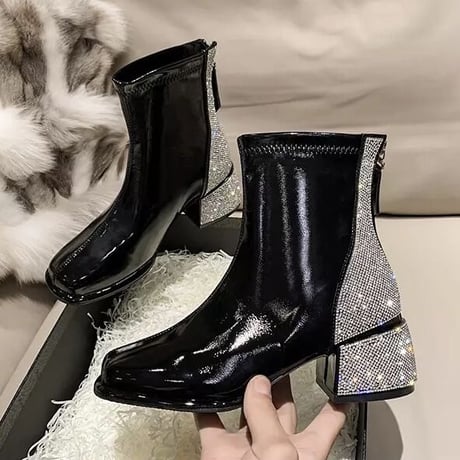 バックラインストーン ショートブーツ 2色展開