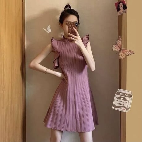 ボリュームフリル ノースリーブワンピース 3色展開