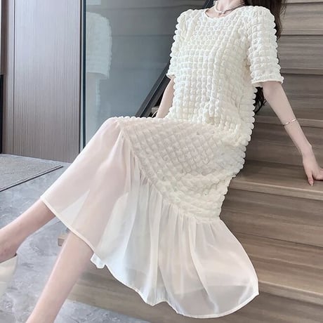 ワッフルシフォンヘム ロングワンピース 2色展開