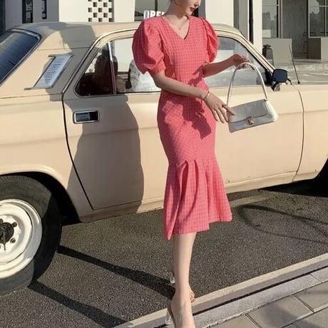 パフスリーブ マーメイドフリルカラーワンピース 3色展開
