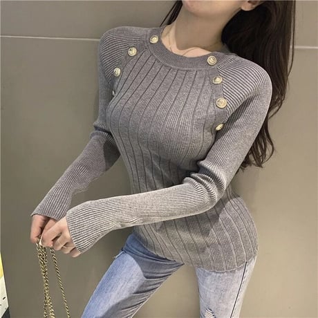 ゴールドボタン スリムニット 3色展開