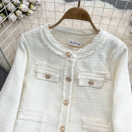 【White Lサイズ即納】カラーフリンジ ツイードジャケット 4色展開