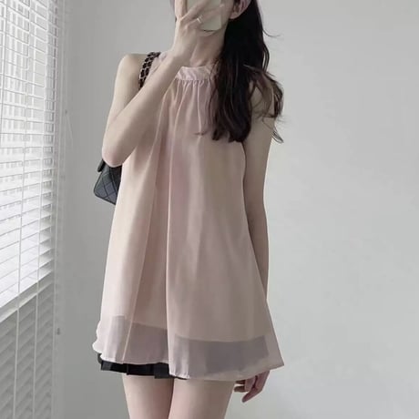 シフォンリボン付き ノースリーブトップス 3色展開
