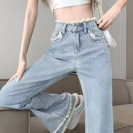 フリンジハイウエストデニムパンツ 4色展開