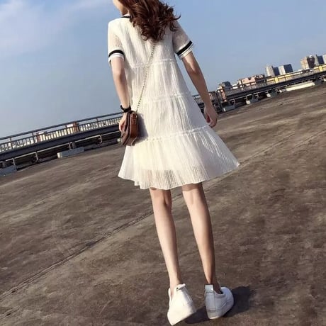 【White Mサイズ即納】ラインシフォン カジュアルワンピース 2色展開