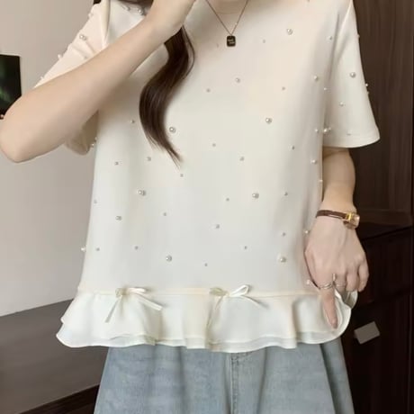 リボンフリルパールTシャツ 2色展開