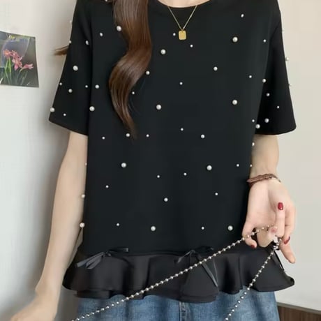 リボンフリルパールTシャツ 2色展開