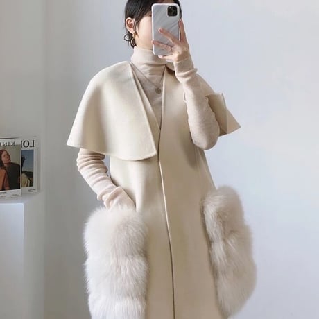 【高品質】フォックスファーポケット カシミヤケープコート 5色展開