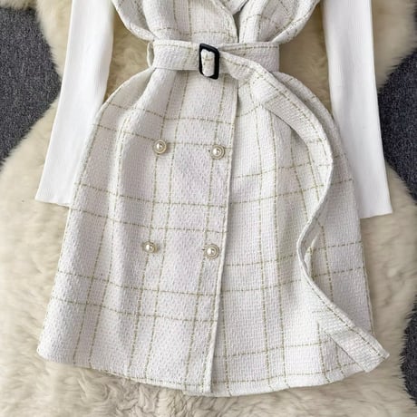 チェックツイードワンピース トップスセット 2色展開