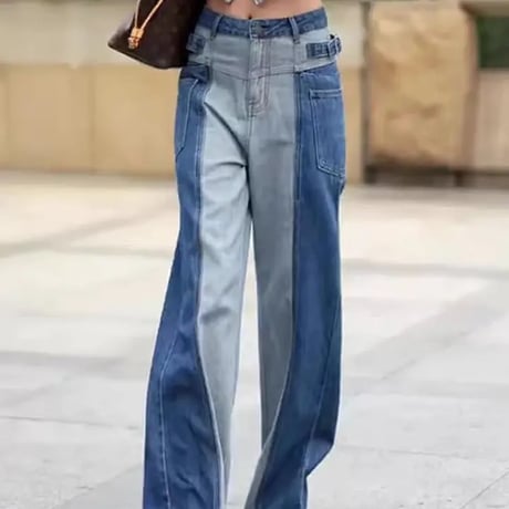 サイドパッチワーク ハイウエストデニムパンツ