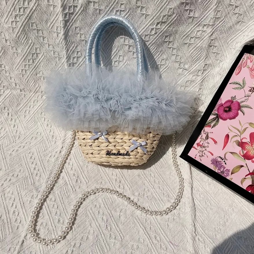 フリル付きストローバケツバッグ パールチェーン フリルストローバッグ 3色展開 | Selectshop.Joie