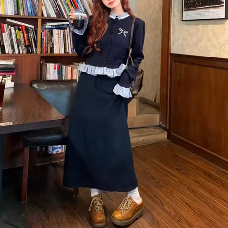 ブルーチェックリボンカーディガンスカートセット