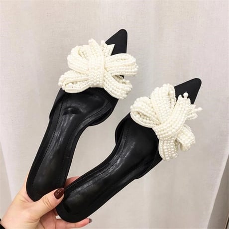 ビッグパールリボン ローヒールパンプス 2色展開