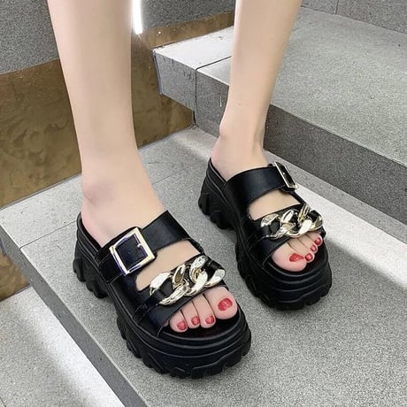 ゴールドチェーンバックル ハイソールサンダル 4色展開