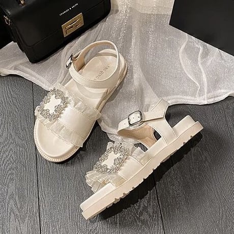 ビジューフラワー フリルサンダル 2色展開