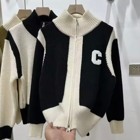 Cワッペンジッパーニットカーディガン