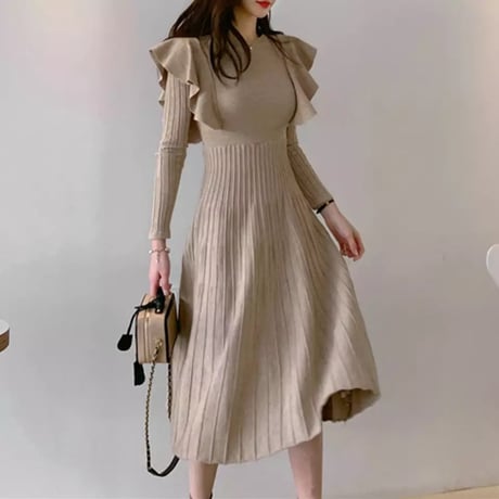 バックリボン ショルダーフリルワンピース 2色展開
