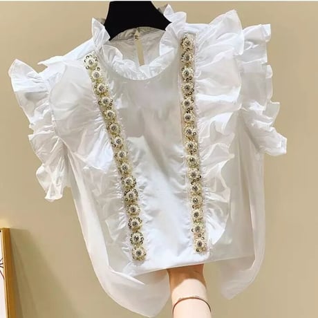 ビジューライン フリルノースリーブブラウス 2色展開