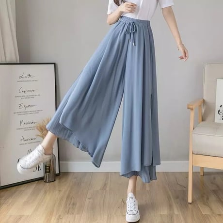 サイドプリーツシフォン ワイドパンツ 3色展開