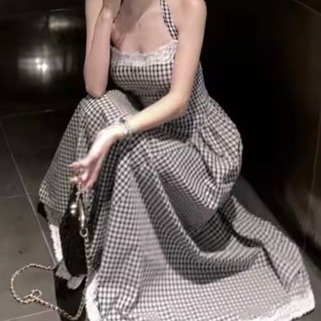 レースパッチワーク チェックロングワンピース