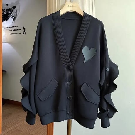 【Green Mサイズ即納】ブラックハート フリルスウェットカーディガン 2色展開