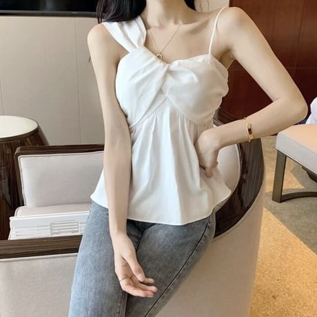 【White Sサイズ即納】アシメストラップ クロップドトップス 3色展開