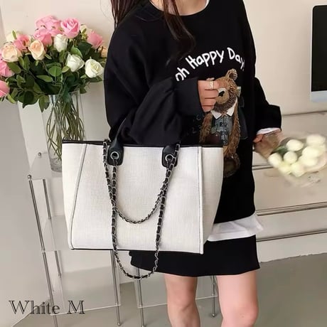 【3サイズ】レザーチェーンキャンバスバッグ 3色展開