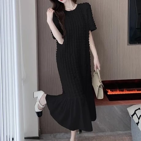 ワッフルシフォンヘム ロングワンピース 2色展開