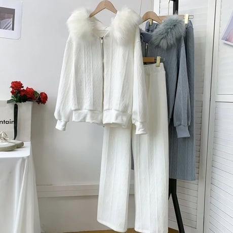 ファーフード ケーブルニットセットアップ 2色展開