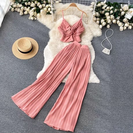 カシュクールトップス リブパンツセットアップ 6色展開