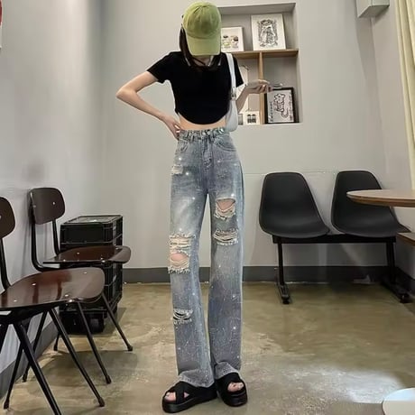 ラインストーンクラッシュデニムパンツ