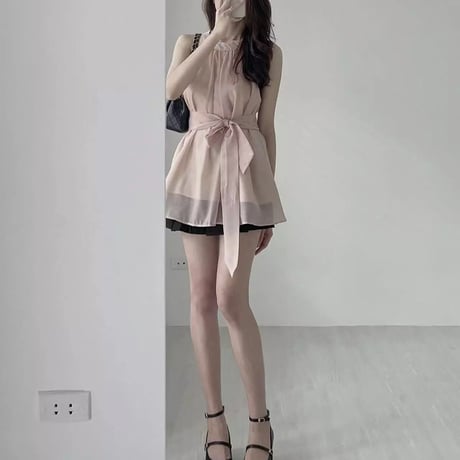 シフォンリボン付き ノースリーブトップス 3色展開