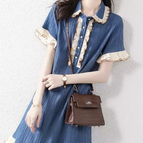 シフォンフリルヘム ブルーワンピース