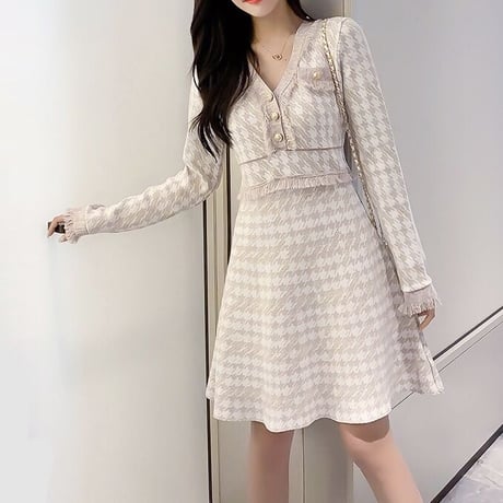 千鳥柄 フリンジミニワンピース 2色展開
