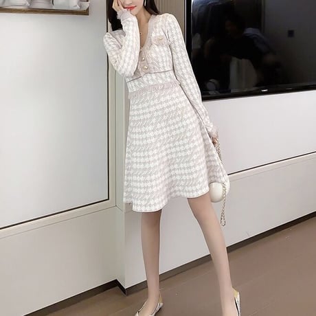 千鳥柄 フリンジミニワンピース 2色展開
