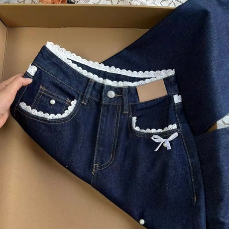 レースラインポイントリボンデニムパンツ