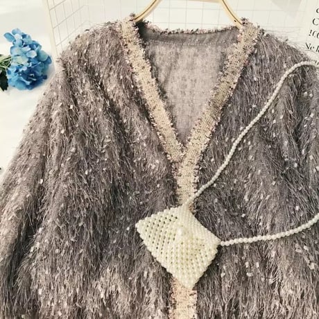ツイードライン モヘアフリンジカーディガン 3色展開