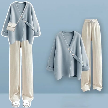 スリットボタンニット リブニットパンツセット 5色展開