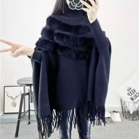 ラビットファー ハイネックポンチョ 4色展開