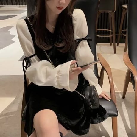 ベロア シフォンスリーブリボンワンピース